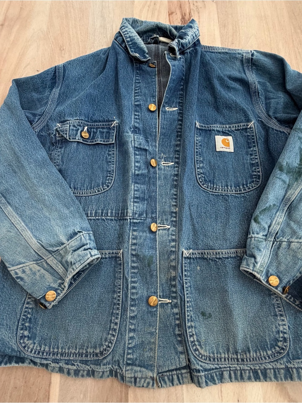 Vintage Carhartt Michigan Denim Chore Jacket WORN Grunge 80s American Unlined